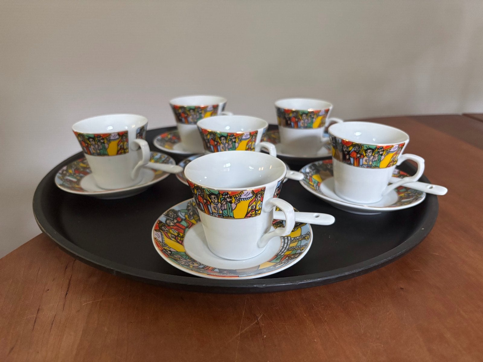 Set van 6 Afrikaanse expresso kopjes met schotels en lepels., Antiek en Kunst, Antiek | Servies compleet, Ophalen