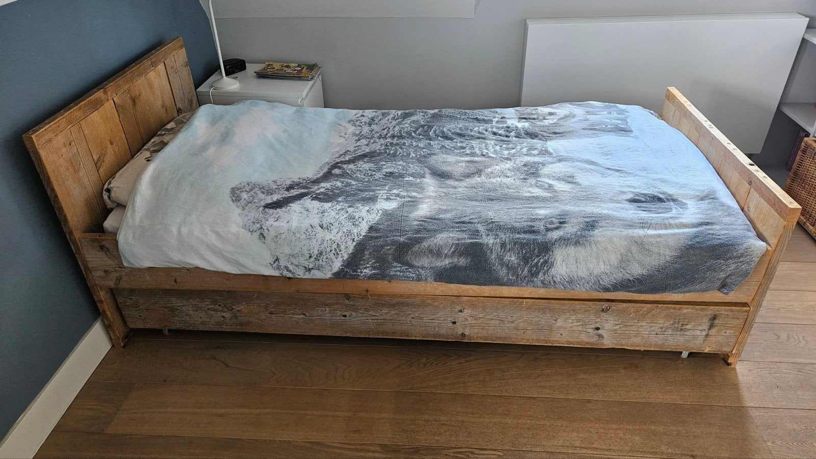 Steigerhouten 1-persoons bed met logeerlade, Ophalen, Gebruikt, 90 cm, Eenpersoons