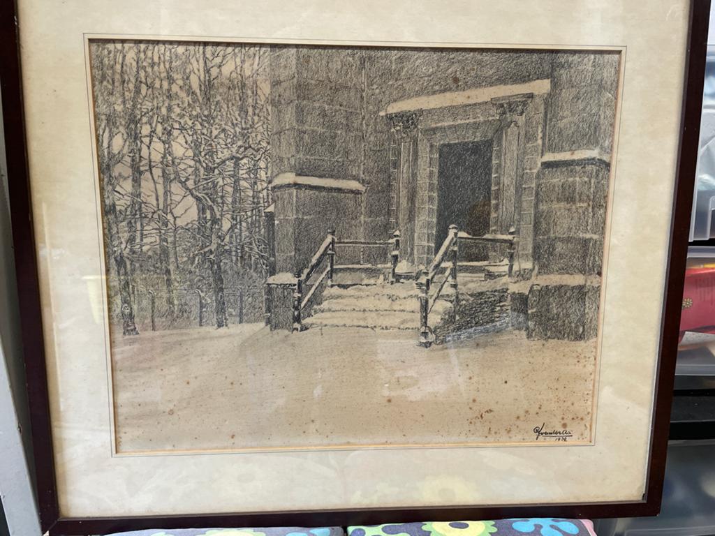 Vintage potloodtekening 'Winterlandschap' gesigneerd 1932, Antiek en Kunst, Kunst | Tekeningen en Foto's, Ophalen of Verzenden