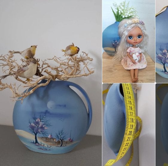 Boheemse nostalgische handbeschilderd vaas kruik bloemen, Huis en Inrichting, Woonaccessoires | Vazen, Ophalen, Blauw, Zo goed als nieuw