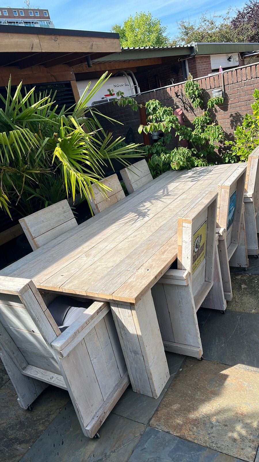 Tuinset van steigerhout 8 stoelen, Ophalen, Zo goed als nieuw, Steigerhout