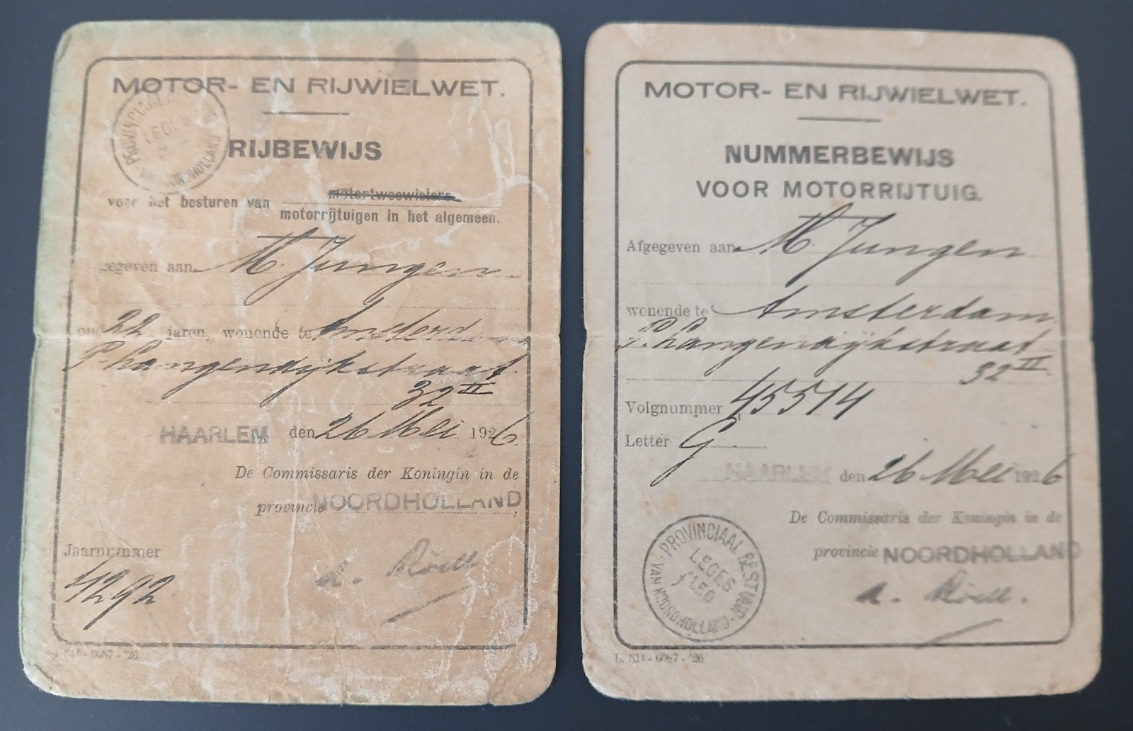 Rijbewijs en nummerbewijs 1926, Ophalen of Verzenden, Gebruikt