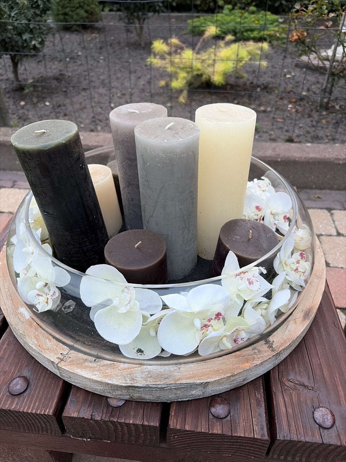 Decoratieve schaal met kaarsen en orchideeën, Gebruikt, Overige merken, Ophalen of Verzenden, Glas
