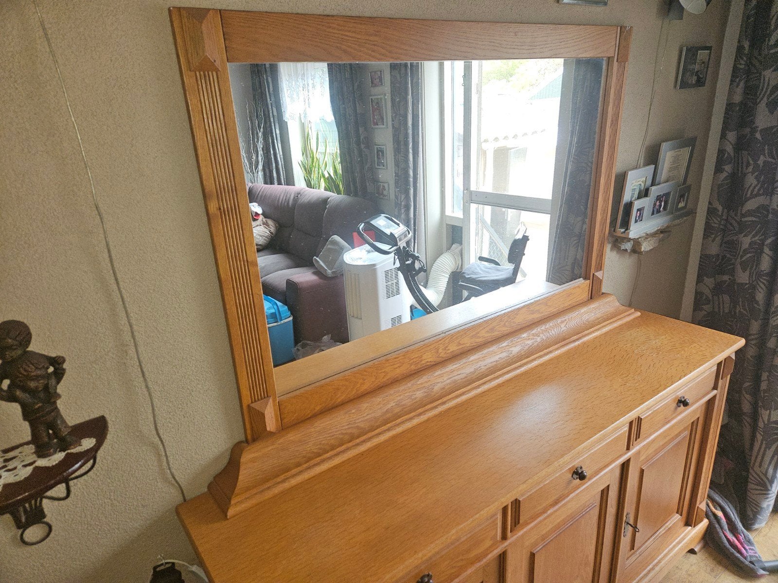 Houten spiegel met dressoir, Ophalen of Verzenden, Rechthoekig, 125 cm of meer, 100 tot 150 cm