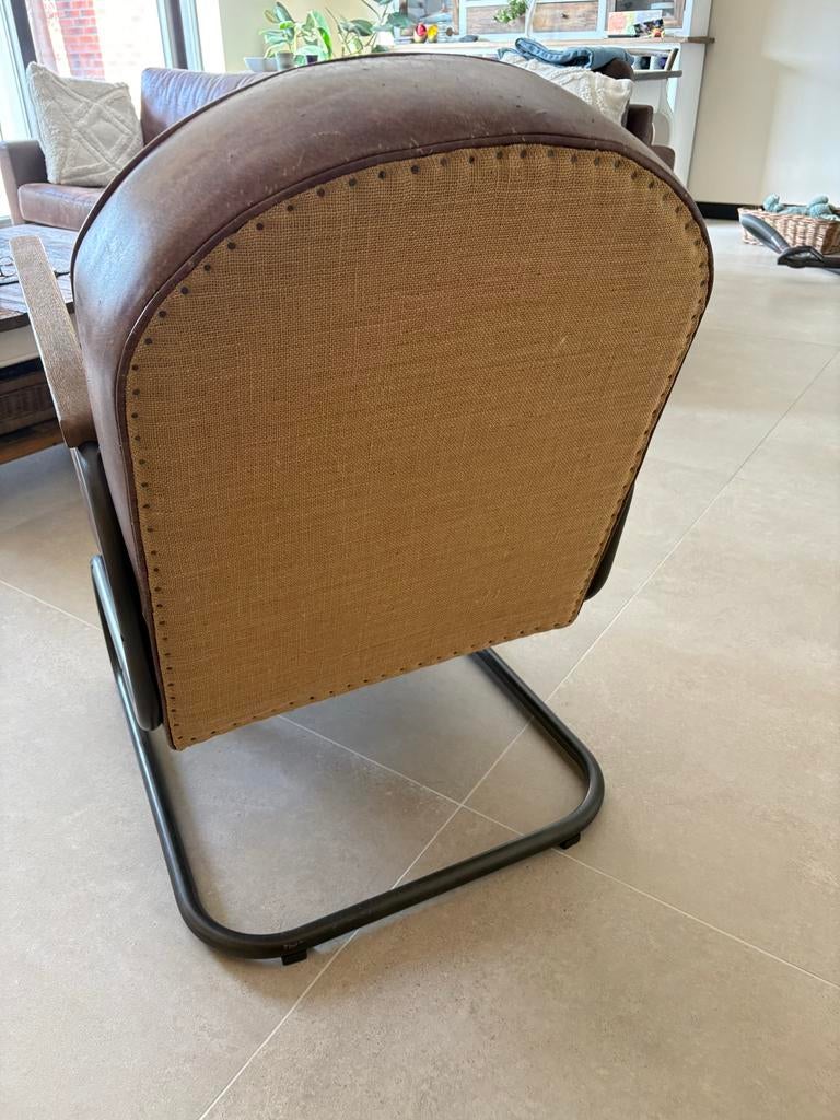 Rivièra Maison stoel - Bruin leer met metalen frame, Gebruikt, Bruin, Leer, Ophalen of Verzenden