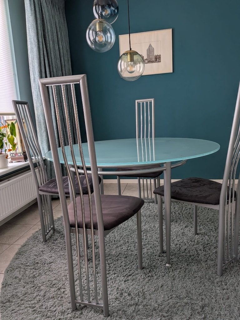 Eettafel Glas Metaal met 4 stoelen, Ophalen, 100 tot 150 cm, 50 tot 100 cm, Glas