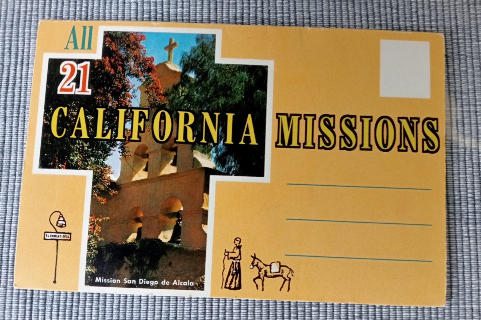 Uitvouw ansichtkaart met 21 zendingskerken uit Californië, Verzamelen, Ophalen of Verzenden, 1940 tot 1960, Ongelopen, Buiten Europa