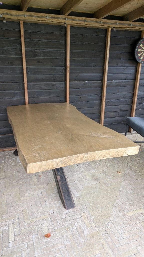 Robuuste boomstamtafel (gemiddeld 2m x 1m x 7,5cm), Ophalen, Gebruikt, 100 tot 150 cm, 200 cm of meer