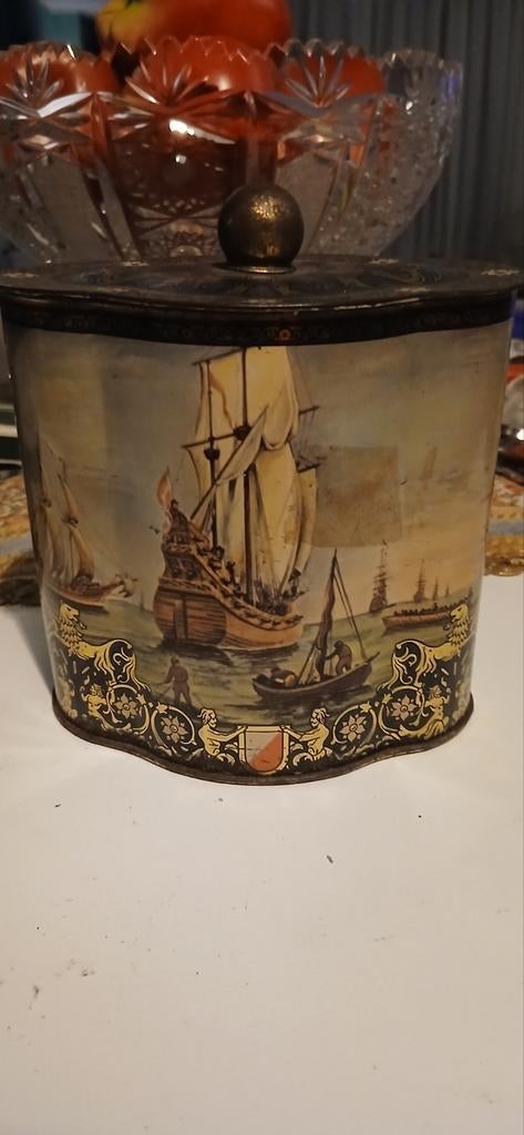 Mooi oud blik met schepen en decoratieve details, Ophalen of Verzenden, Gebruikt, Overige, Overige merken
