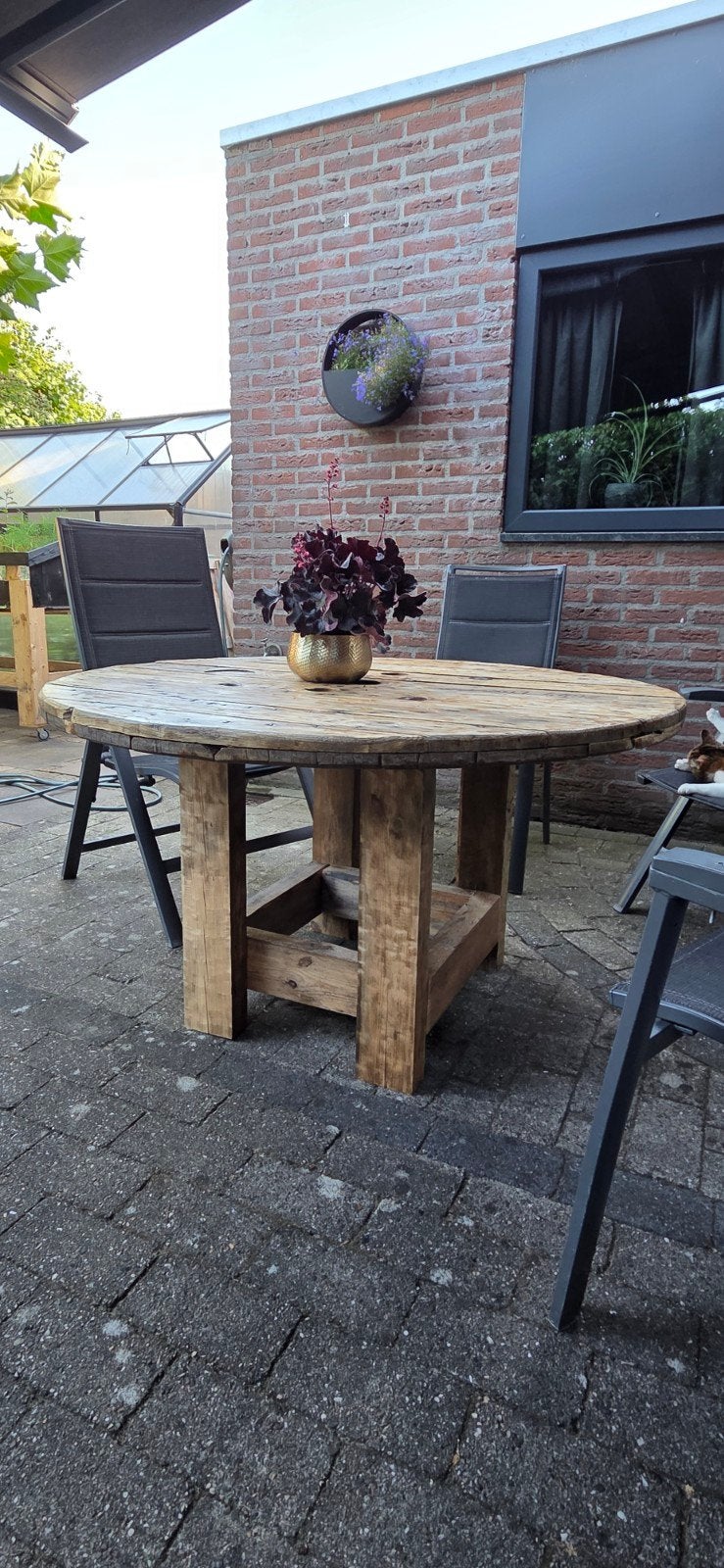 Kabelhaspel tafel, Tuin en Terras, Tuintafels, Gebruikt, Rond, Hout, Ophalen