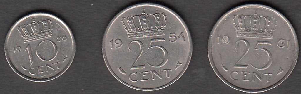 Nederland 10 cent 1956, 25 cent 1954 + 1961 Juliana UNC, Ophalen of Verzenden, Koningin Juliana, 25 cent, Setje