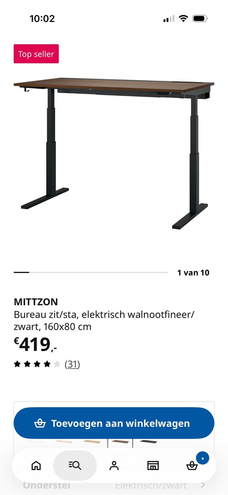 Zit/sta electrisch walnootfineer, Ophalen, Zit-sta bureau, 160 cm, Bruin