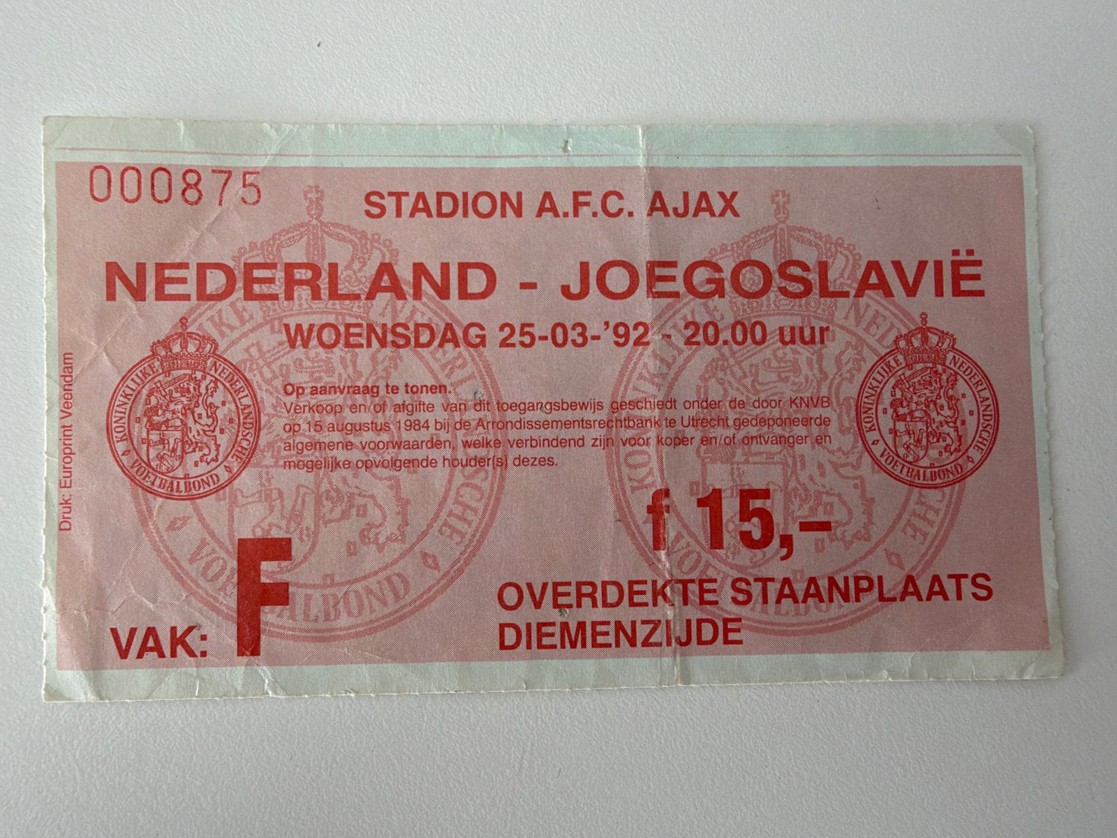 Ticket Nederland-Joegoslavië 25-03-1992, Verzamelen, Ophalen of Verzenden, Zo goed als nieuw, Overige binnenlandse clubs, Overige typen