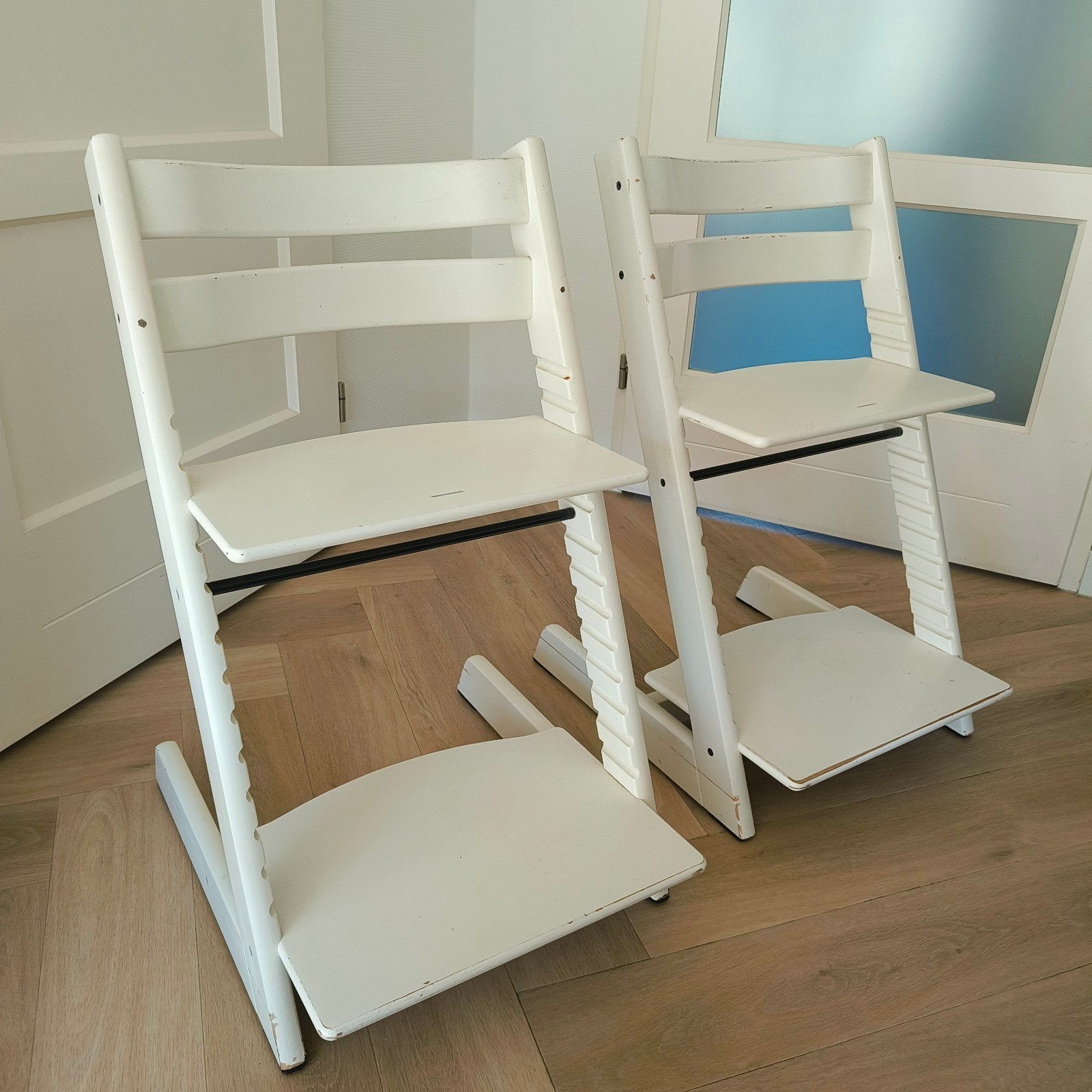 2x Stokke Tripp Trapp meegroeistoel wit, Ophalen, Gebruikt, Meegroeistoel, Aanschuifbaar