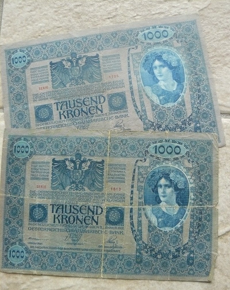 2 x bankbiljet 1000 kronen Oostenrijkse-Hongaarse bank, Ophalen of Verzenden, Oostenrijk