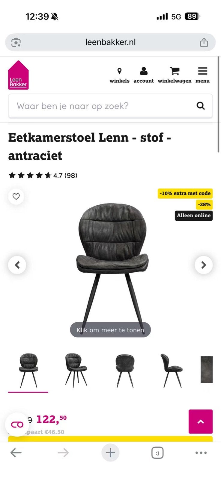 4x Lenn Antraciet Eetkamerstoelen - Leen Bakker, Huis en Inrichting, Ophalen, Gebruikt, Vier, Stof
