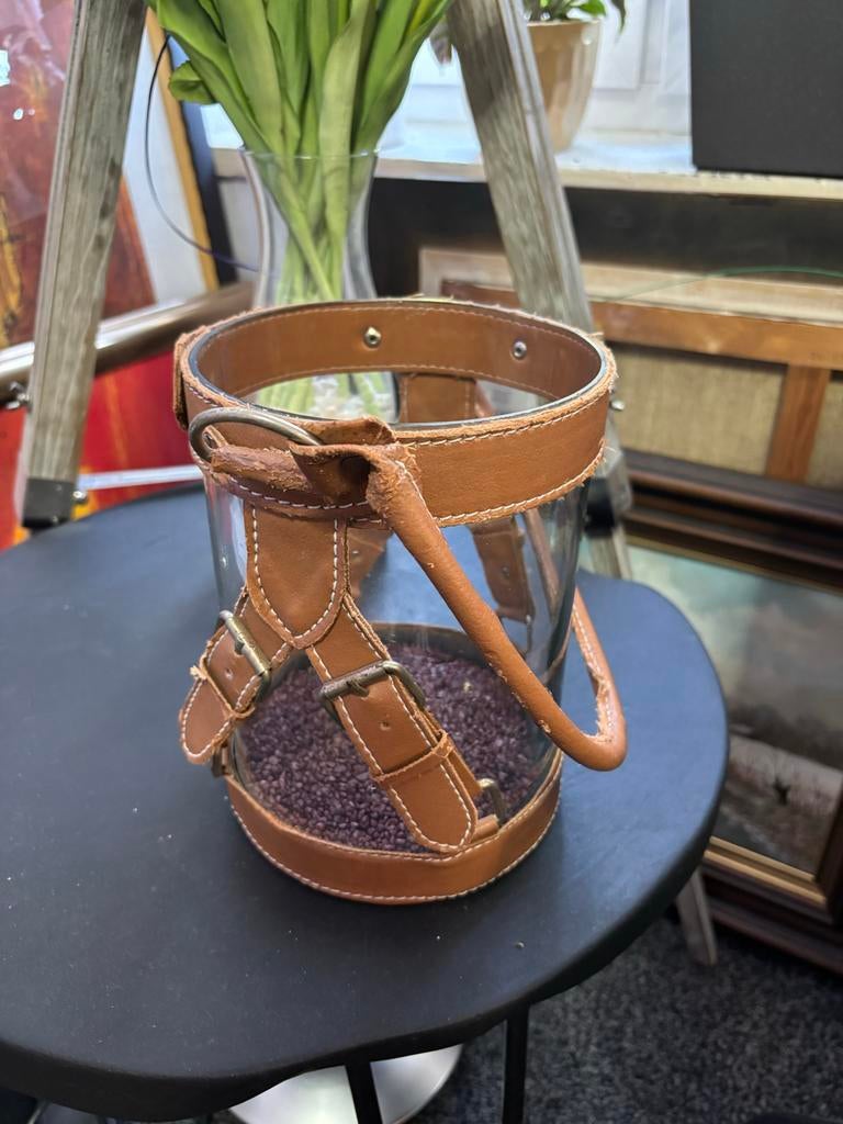 Glazen windlicht met leren details, Ophalen of Verzenden