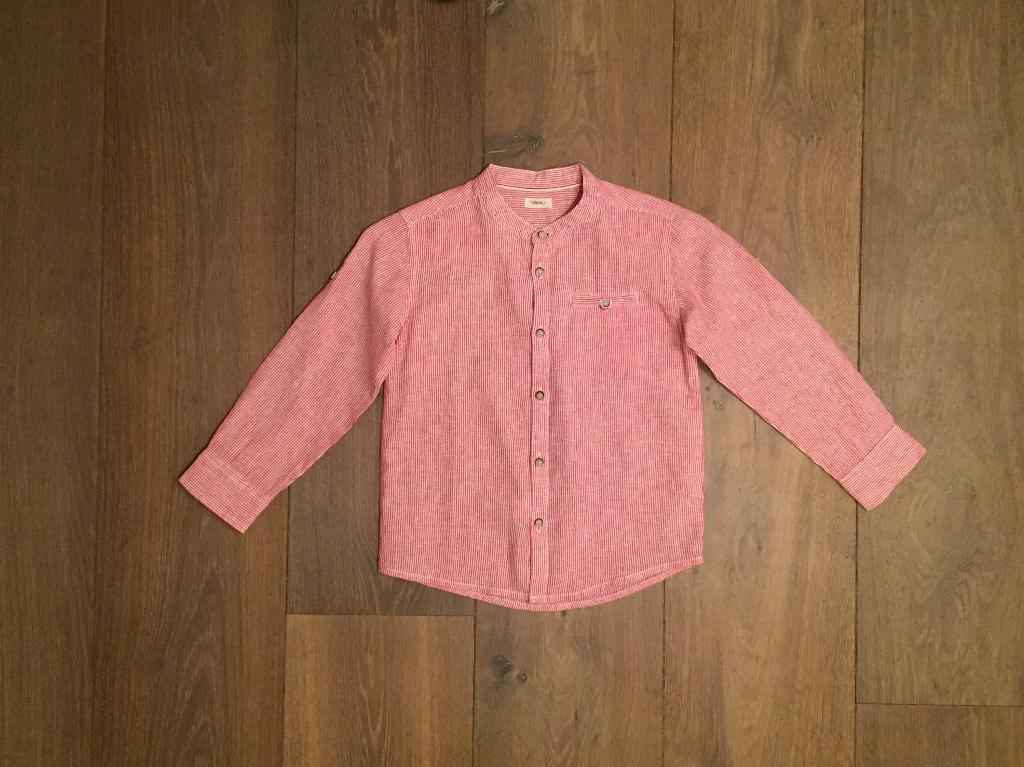 Fijn gestreepte bloesje rood-wit; linnen/katoen Sfera mt 116, Kinderen en Baby's, Kinderkleding | Maat 116, Zo goed als nieuw