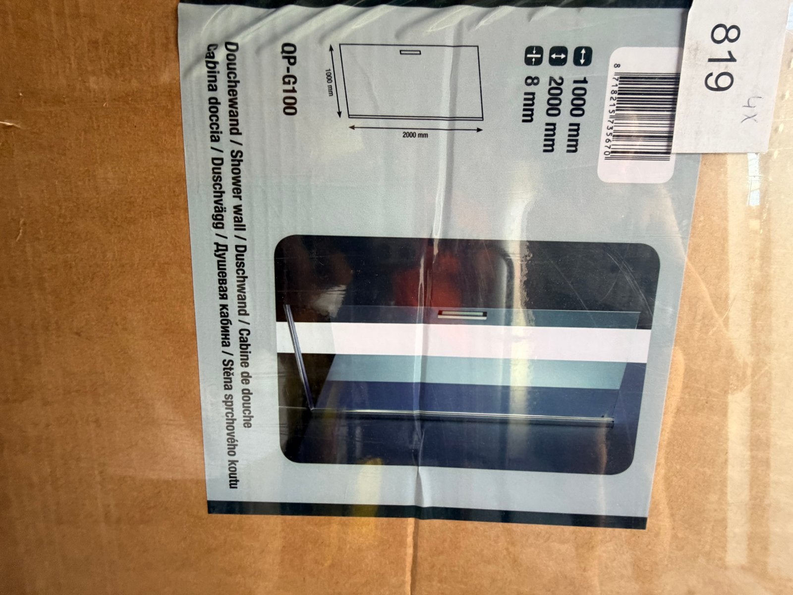 Douchewand QP-G100 - 1000x2000mm, 8mm glas, Ophalen of Verzenden, Nieuw, Glas, Douche