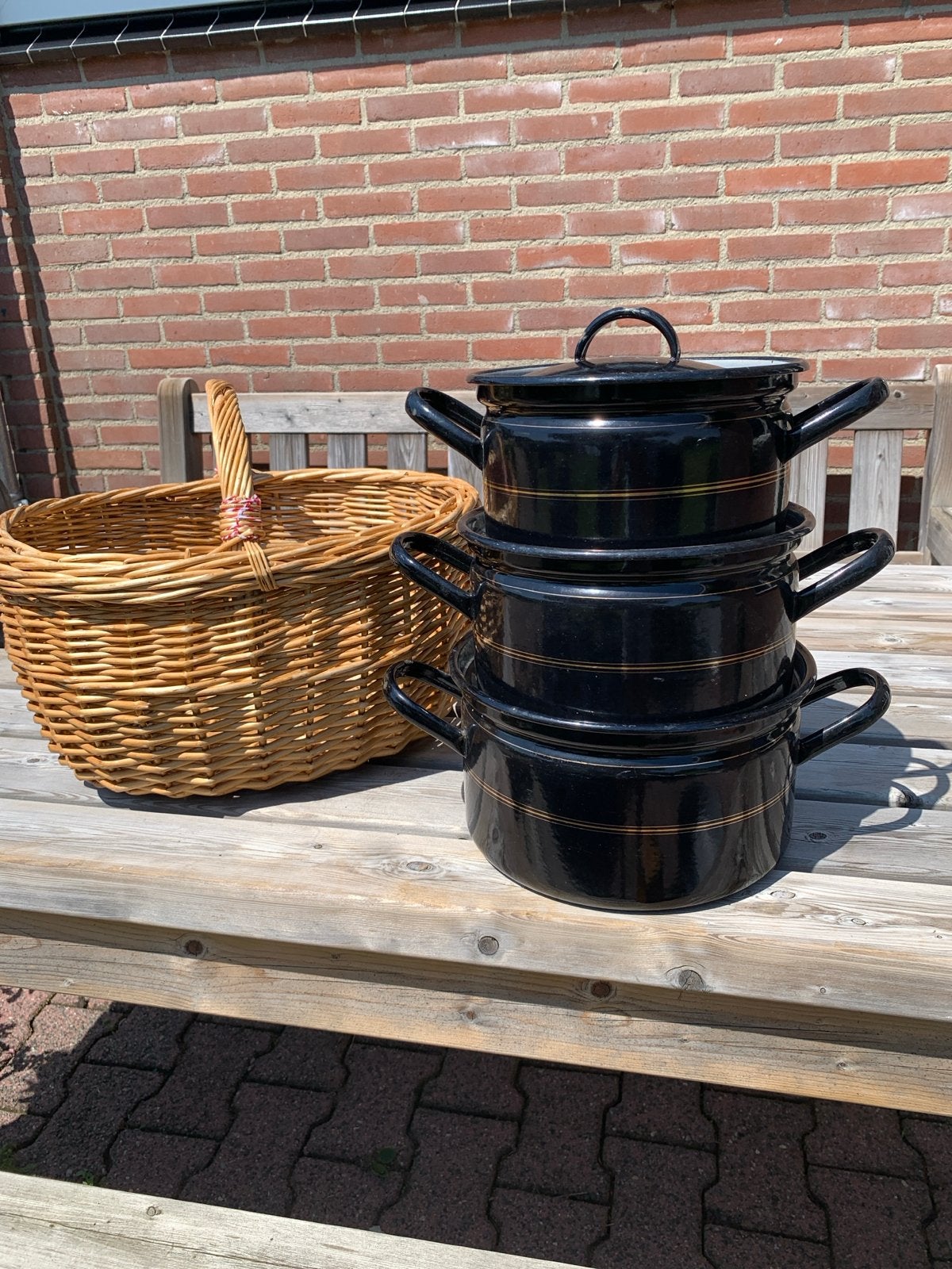 Vintage Emaille Pannenset - Zwart met Gouden Rand, Ophalen of Verzenden