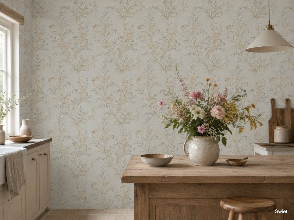 13943 botanisch behang veldboeket bloemen retro stijl swiet, Ophalen of Verzenden, Beige
