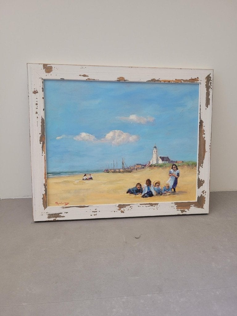 Schilderij, strand op Katwijk, Ophalen of Verzenden
