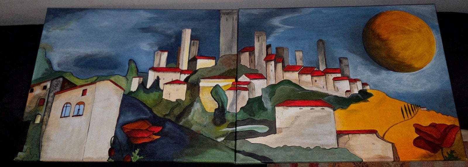 Joke Knol - 2 luik schilderij - Toscaans landschap, Antiek en Kunst, Olieverf, Gesigneerd, Textiel, Landschap