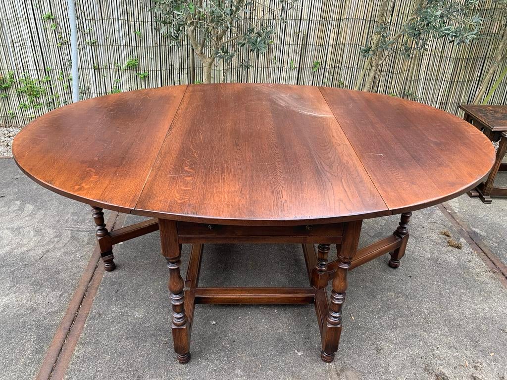 Antieke ronde inklapbare tafel met lade, Antiek en Kunst, Antiek | Meubels | Tafels, Ophalen of Verzenden