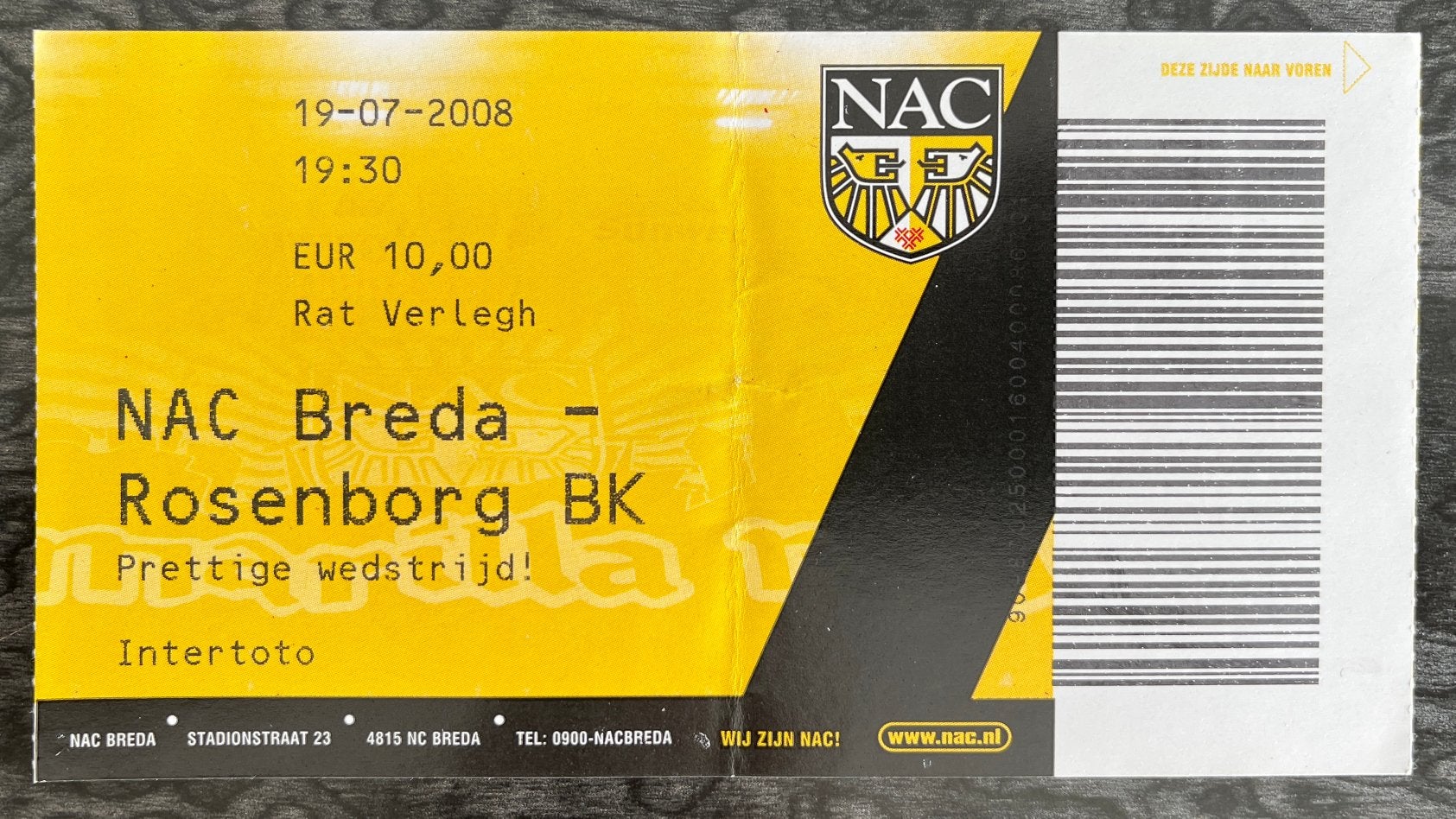 Ticket NAC Breda - Rosenborg BK 19-07-2008 Intertoto UEFA, Verzenden, Gebruikt, NAC Breda, Overige typen