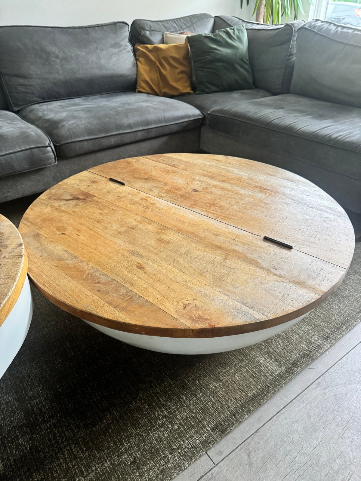 Ronde salontafel met klep en opbergruimte, 96 cm doorsnee, Ophalen, Gebruikt, Rond, 50 tot 100 cm