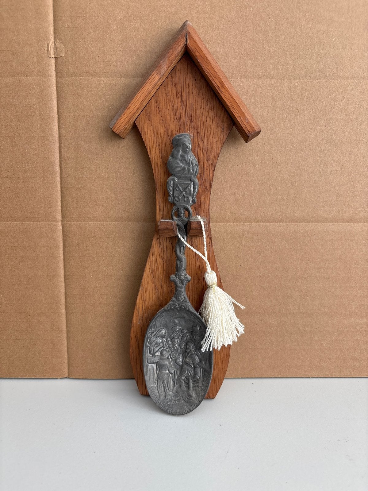 Decoratieve tinnen lepel met houten houder, Ophalen of Verzenden