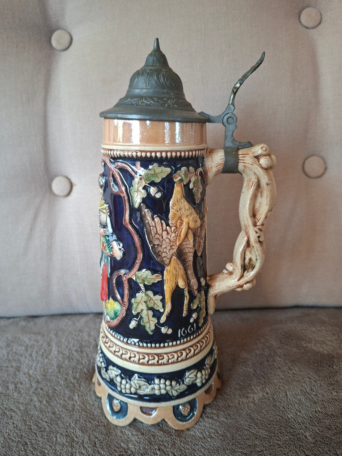 Duitse aardewerk bierpul met tinnen deksel, jachttafereel, Antiek en Kunst, Ophalen of Verzenden