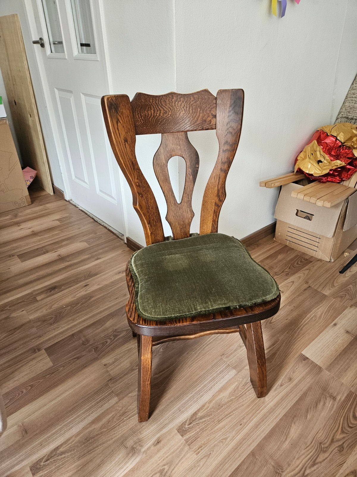 Vintage stoel van oma, eikenhout met groene bekleding, Ophalen of Verzenden