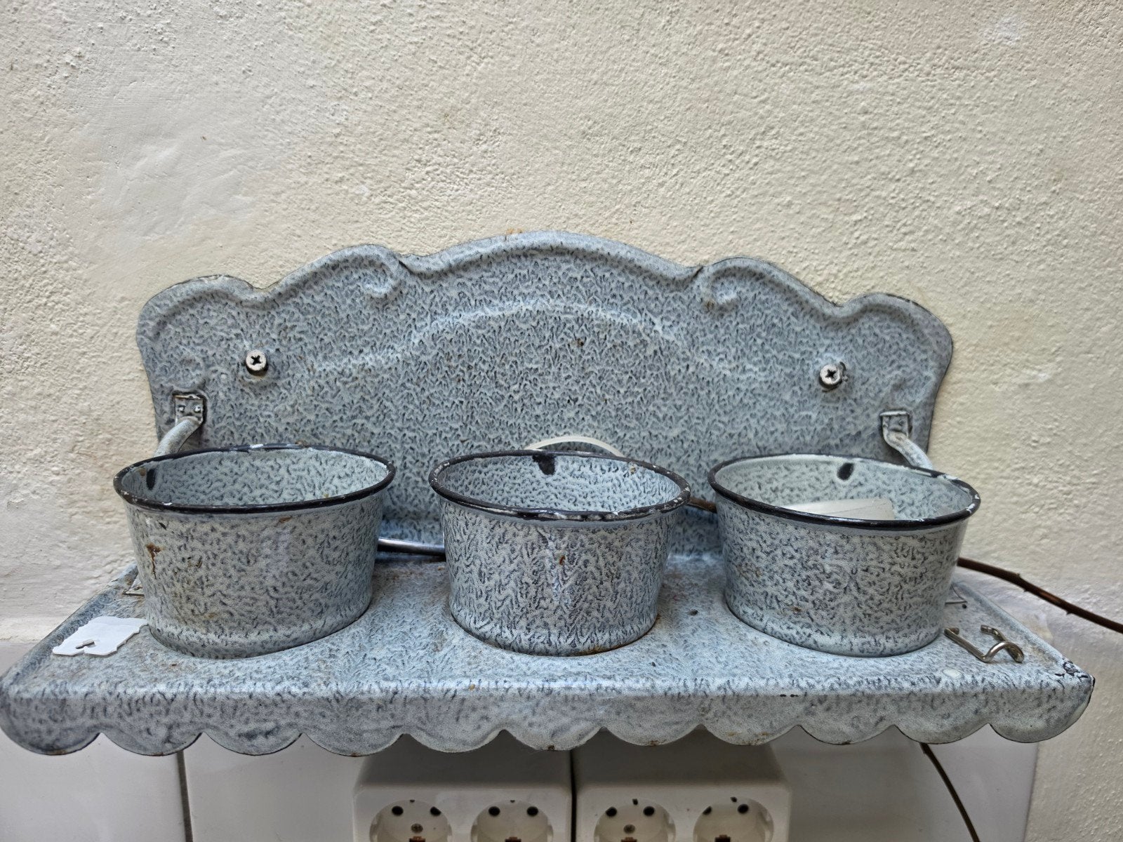 Vintage geëmailleerde kruidenrek met 3 potjes, Ophalen of Verzenden