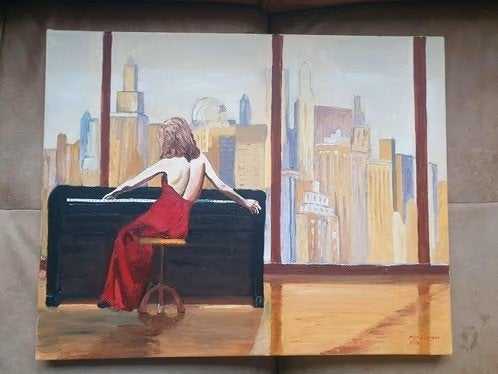 modern vrouw achter piano met skyline stad PSJA van Langen, Ophalen