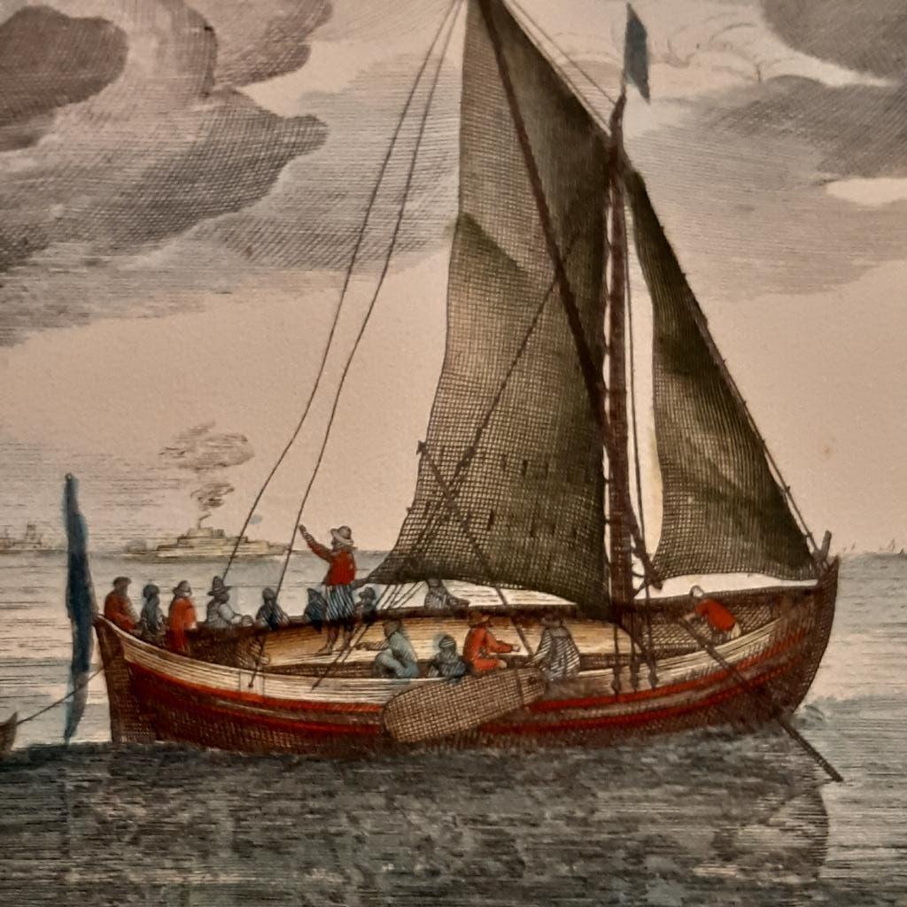 Ingekleurde Ets, P. V.3, zeilschip genaamd Heude., Handgekleurd, Ets, 14 cm, Landschap