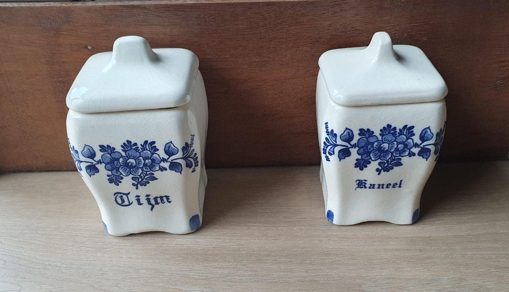 Vintage Delfts Blauw kruidenrek met 15 potjes, Ophalen