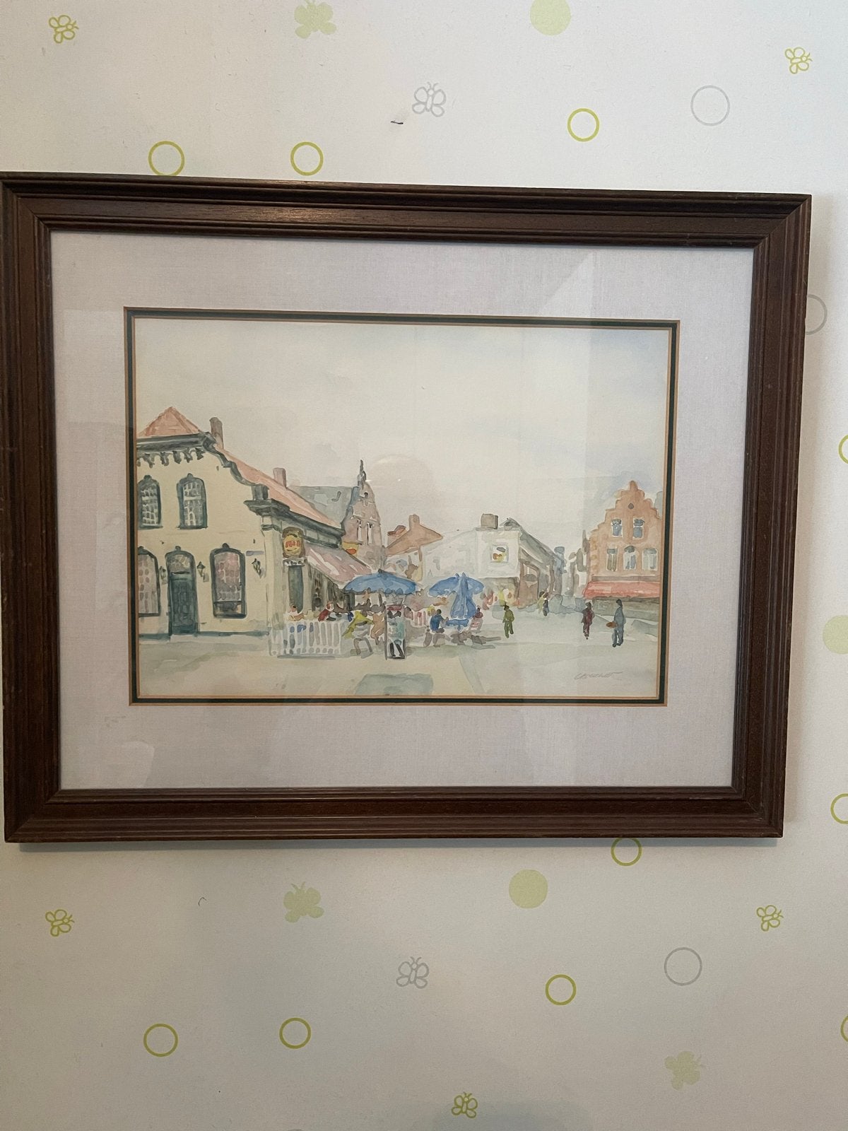 Aquarel Stadsgezicht met Terras - Gesigneerd, Realistisch, Ophalen of Verzenden, Gesigneerd, Aquarel