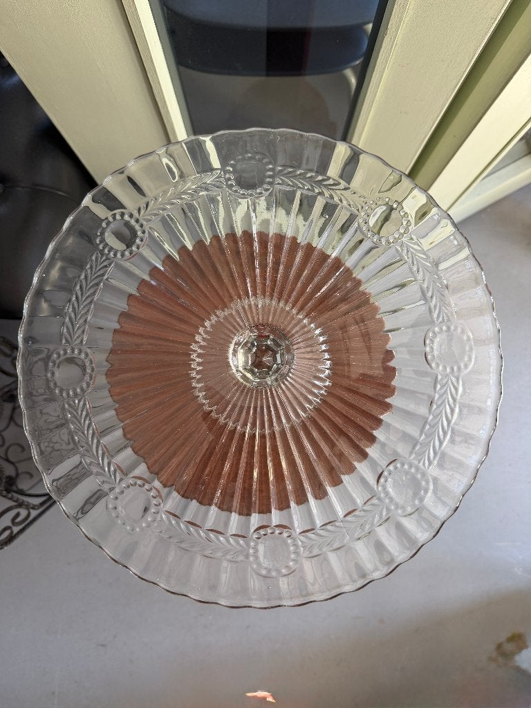 Vintage, brocante persglas taartschaal, schaal op voet, Ophalen