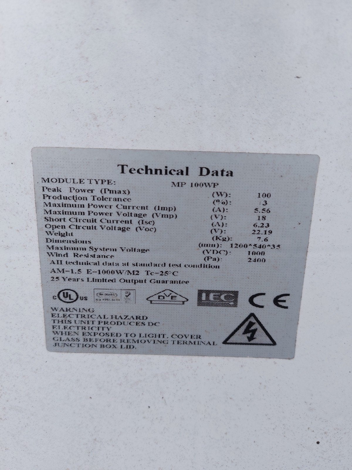 Zonnepaneel 100 Watt - Compact formaat 54x120 cm, Ophalen, Gebruikt, Onbekend, Onbekend