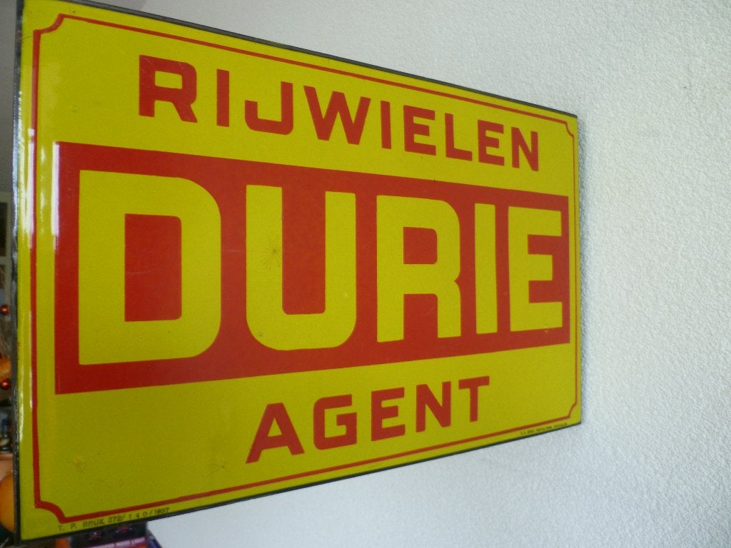 EMAILLE DUBBELZIJDIG RECLAMEBORD"AGENT DURIE RIJWIELEN"1937, Verzamelen, Ophalen of Verzenden, Gebruikt, Reclamebord