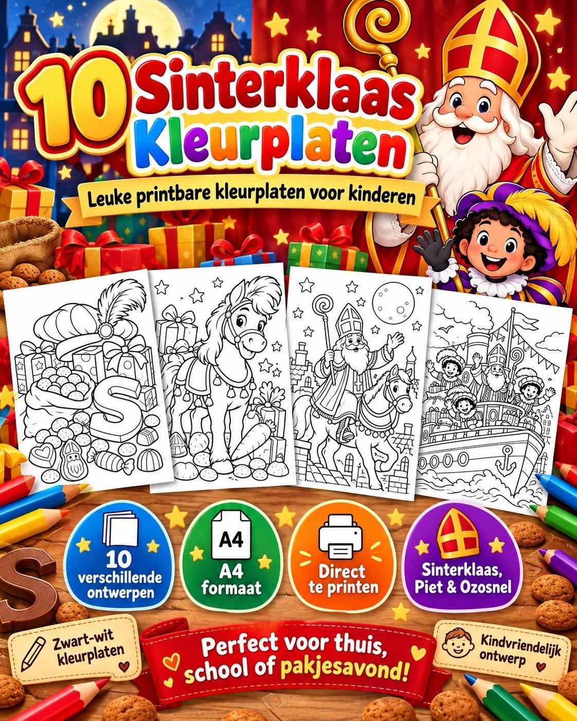 10 Sinterklaas Kleurplaten PDF | A4 | Direct Printen, Ophalen of Verzenden, Nieuw