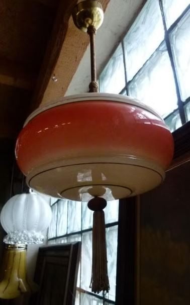 Vintage Doria hanglamp 50er jaren, Ophalen, Mid century, Glas, E27 (groot)