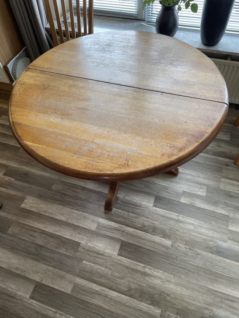 MASSIEF EIKEN RONDE uittrektafel., Huis en Inrichting, Ophalen, Gebruikt, 50 tot 100 cm, 100 tot 150 cm