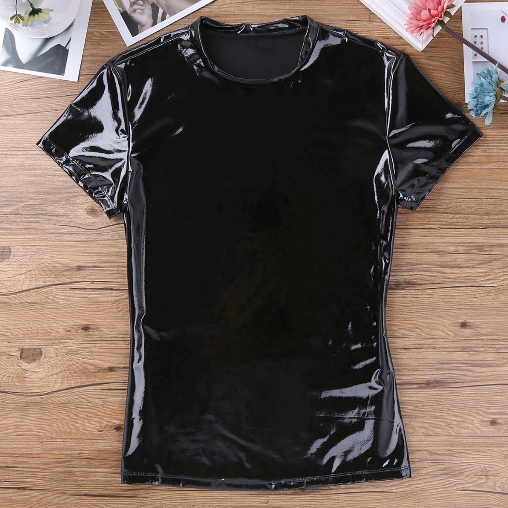 Zwart heren wetlook t-shirt / mannen shirt lak leren latex, Verzenden, Nieuw, Overige maten, Zwart