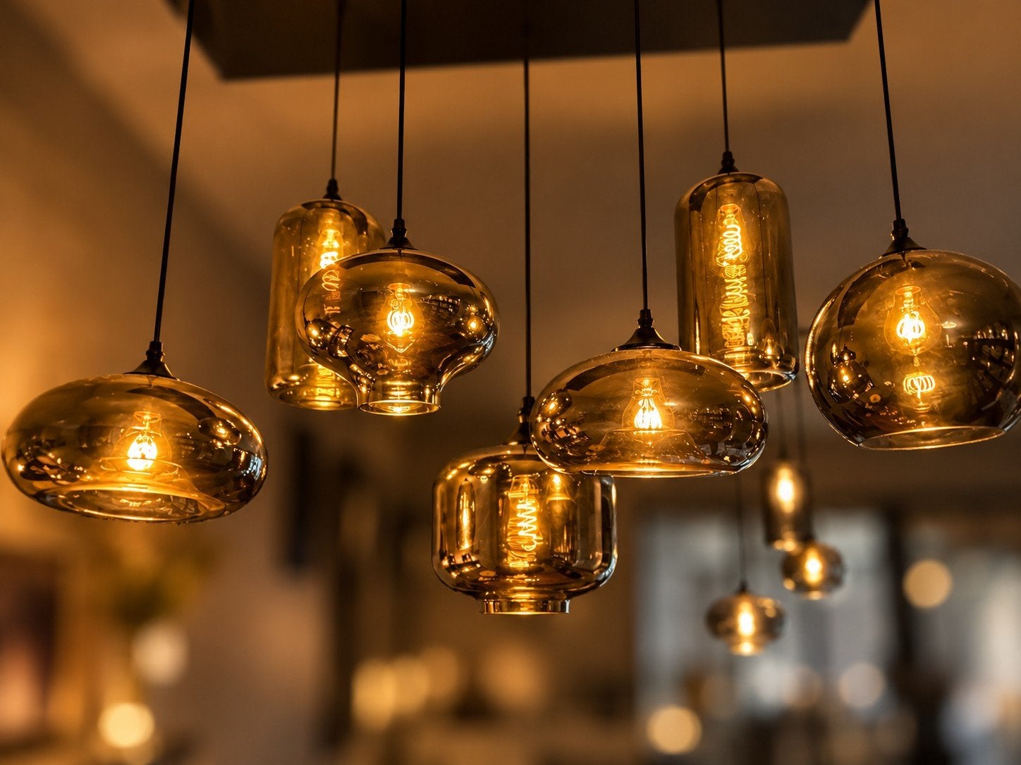 Moderne hanglamp met 7 rookkleurige glazen kappen, Modern, Sfeervol, Industrieel, Zo goed als nieuw, Glas, E27 (groot)