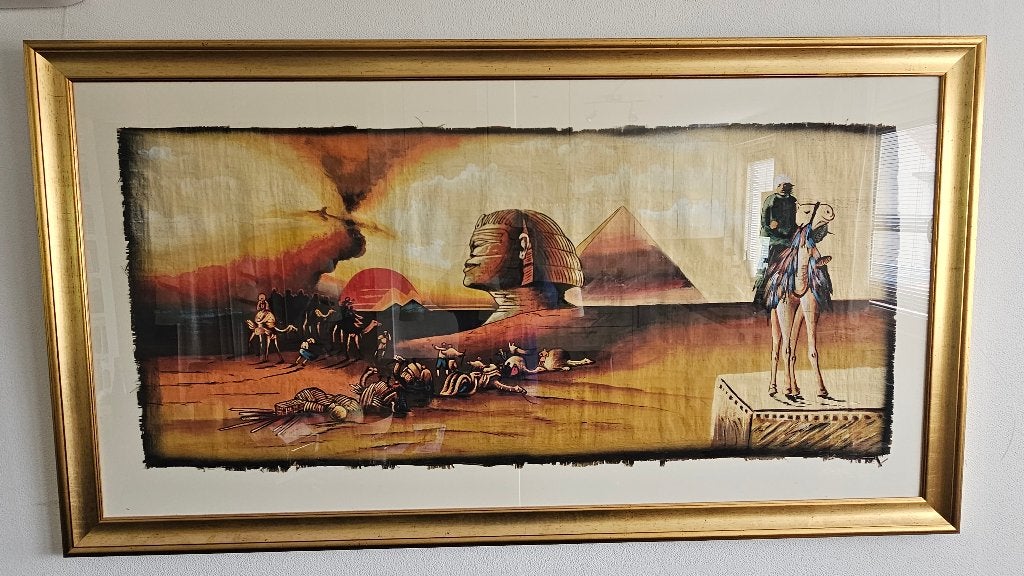 Egyptisch schilderij met piramides en Sfinx – gouden lijst, Ophalen, 125 cm of meer, Zo goed als nieuw, Schilderij