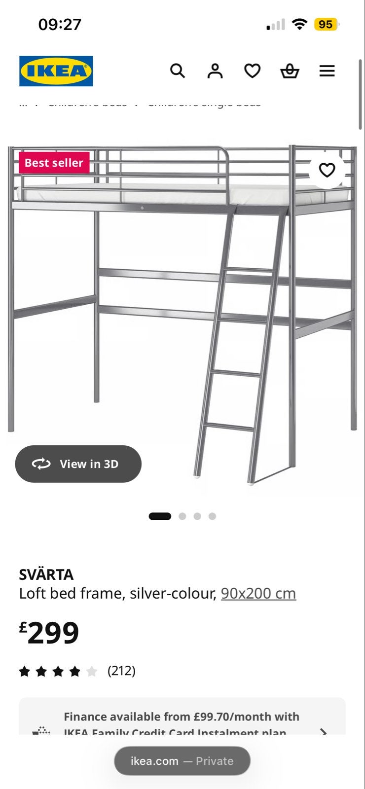 IKEA SVÄRTA Hoogslaper 90x200 cm - Zilverkleurig, Huis en Inrichting, Slaapkamer | Stapelbedden en Hoogslapers, Ophalen, Gebruikt