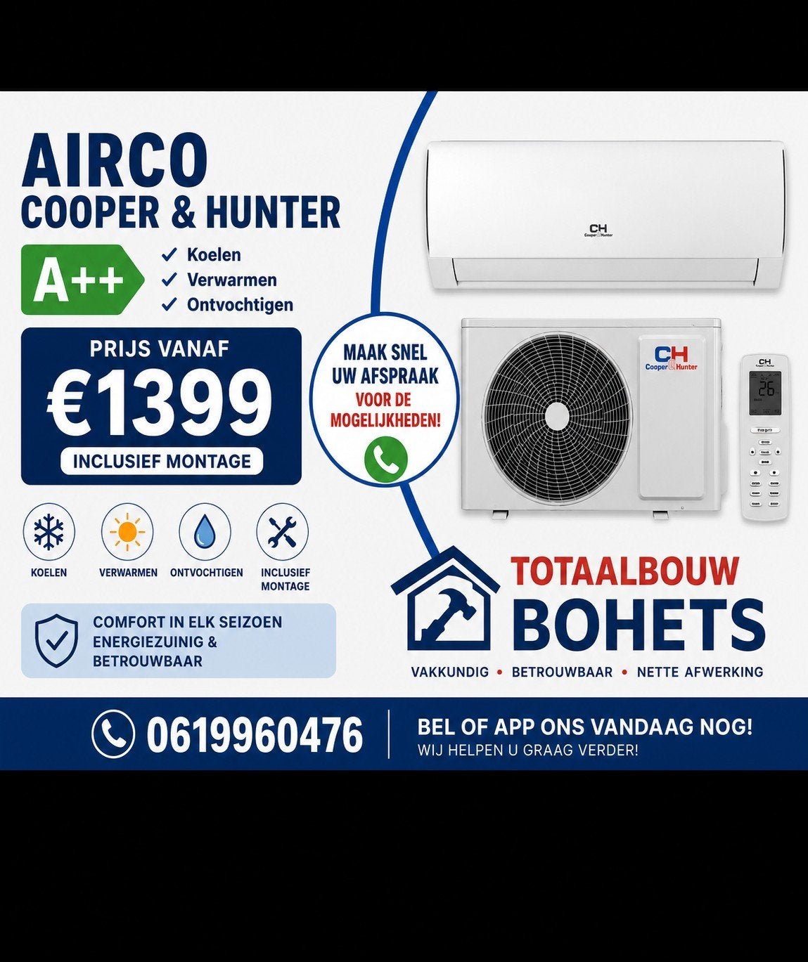 Cooper & Hunter A++ Airco - Koelen, Verwarmen, Ontvochtigen, Witgoed en Apparatuur, Airco's, Koelen en Ontvochtigen, Minder dan 60 m³