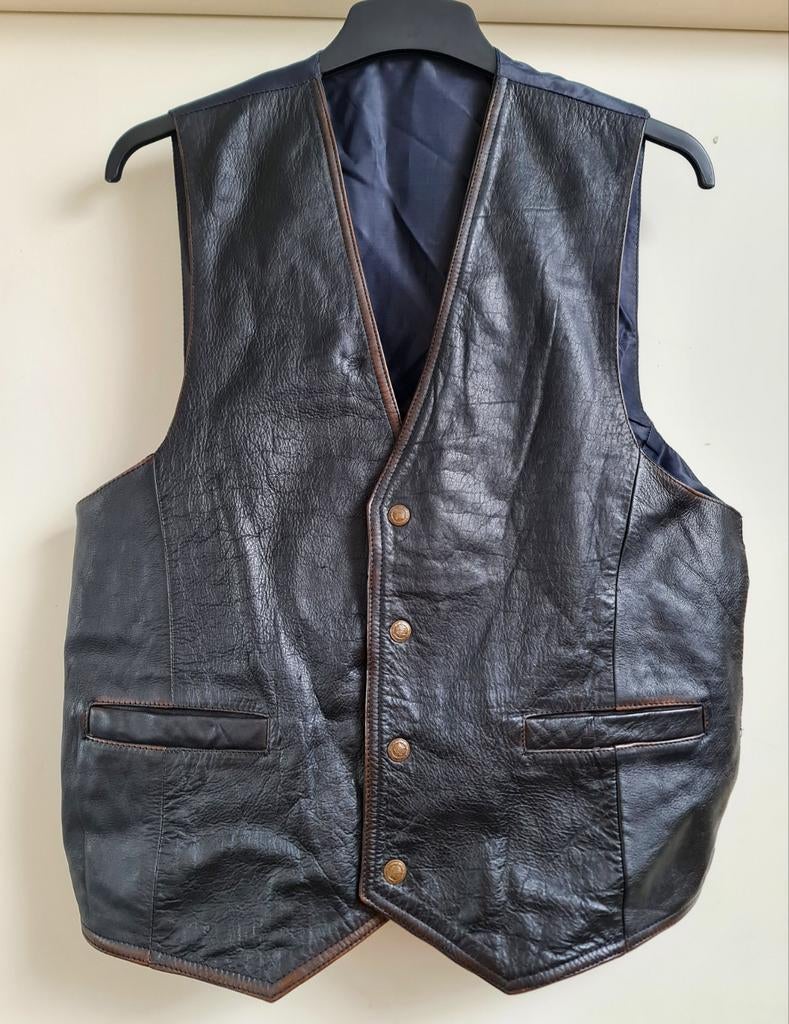 Vintage biker Western motor gilet vest bruinzwart leer mt L, Ophalen, Gedragen, Maat 52/54 (L), Bruin